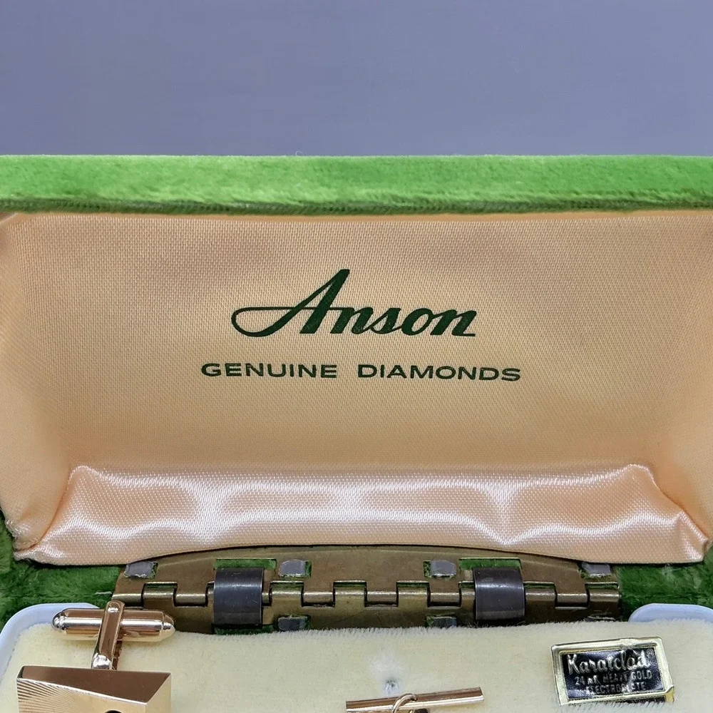Anson Cufflinks Set Men 24KT Gold Plated Genuine Diamond Heavy Electroplate